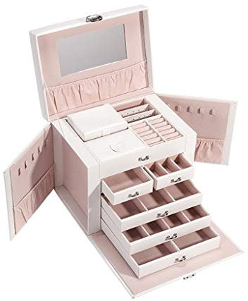 Creative Jewelry Box Faux Leather Large Capacity Jewelry Storage Box with Key Retro Gift for Women White Decorative Ornaments (Color : White)