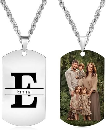 Foto Halskette für Herren personalisierte Halskette Individuelle Erkennungsmarken Edelstah Anhänger Gedenk Halskette Vatertag Weihnachten Vater Ehemann (A-Foto+Buchstabe+Name-weiß)