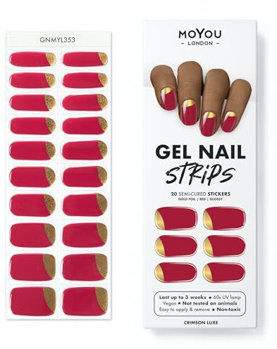 MOYOU LONDON Semi Cured Gel Nail Strips Christmas - 20 Pcs. Waterproof Gel Nail Wraps, Cures in Sunlight or UV/LED Lamp, Lasts Up to 2+ Weeks, Stretchable, Easy to Apply & Remove, Vegan & Cruelty-Free
