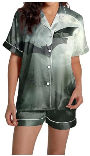 Halloween Womens Silk Pajamas Set I'M Fine Bloody Shirt And Shorts Satin Sets 2 Piece Loungewear Sets Sleepwear Board Shorts for Women Swim Top and Pants Sleepwear for Ladies All Seasons (Grey, L)
