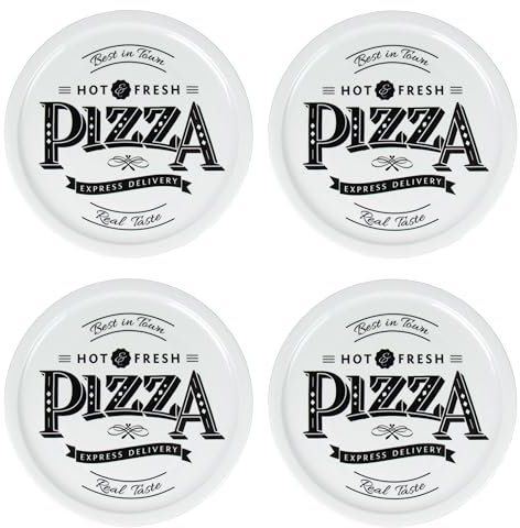 Lentz Piatto per pizza Ø 31 cm in porcellana con scritta retrò pizza – a scelta con tagliapizza (set da 4)