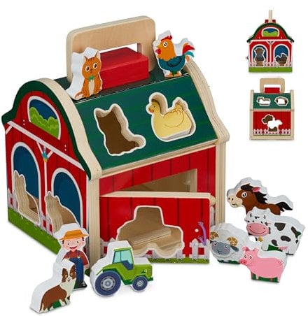 Relaxdays Steckhaus Holz, 10 Figuren, Bauernhof-Design, Kinderspielzeug ab 3 Jahren, Steckbox für Mädchen & Jungen, bunt