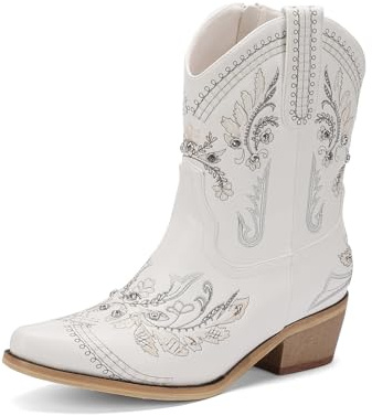 Krypthixor White Rhinestone Ankle Cowboy Boots for Women Embroidered Short Cowgirl Boots with Chunky Low Heel Square Toe Comfortable Western Booties for Prom Party Wedding Pull On Shoes Size 8.5