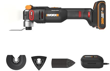 WORX Kabelloses Multifunktionswerkzeug, bürstenlos, 20 V, WX698, verschiedene Materialien, universelle Befestigung, Lieferung mit 2 Klingen, 1 Schleifpad, 20 abgeschnittenen Papieren, 1 Akku 2 Ah und