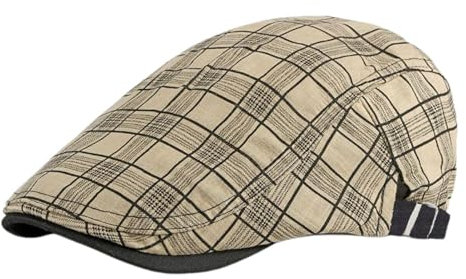 Rayson Schiebermütze Herren Barett Cap Karierte Verstellbare Baskenmütze Newsboy Flat Beret Hut Atmungsaktiv Sommer(Hellkhaki)