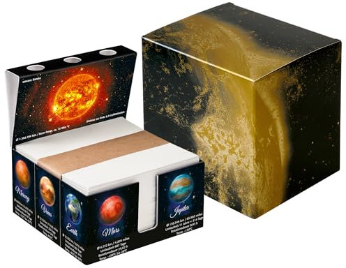 PrintCollect Zettelbox „SOLAR SYSTEM“ aus stabil verklebtem Vollkarton, Notizzettel aus kräftigem Papier (1er-Set im Geschenkkarton)