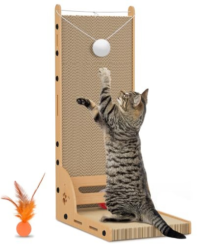 Rascador para Gatos en Forma de L, 62.5cm Cat Scratcher Cardboard en Forma de L con 3 Bolas de Juguete, Tablero Rascador en Forma de L, para Paredes y Esquinas