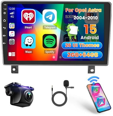 Roinvou 2+64GB Radio Coche para Opel Astra 2004-2010 Inalámbrico Carplay Android Auto, 9 Pulgadas Pantalla Táctil Android 15 Bluetooth Radio con WiFi GPS EQ FM/RDS SWC Cámara Trasera