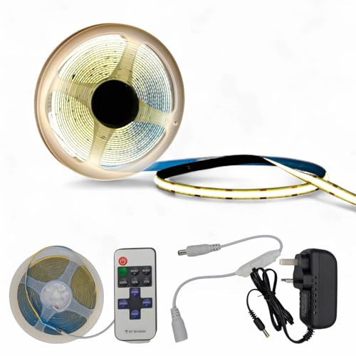 5M COB LED Strip Light Warm White 3000K, Dimmable, Adjustable Brightness, Seamless COB LED Lighting Kit Includes Remote Controller and Power Adapter (5m Kit)