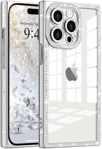 ROSEHUI Glitter Case for iPhone 15 Pro Max,Clear Rectangle Electroplated Sparkle Bumper with Bling Rhinestones Phone Case for Women,Sparkly Diamond Camera Protection Soft Slim TPU Cover-Silver