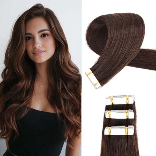Originea Tape-In Real Hair Extensions, 20 Pieces, 50g, 55cm, Dark Brown Tape Extensions Echthaar, Invisible Tape-In Extensions, Real Hair, Silky Skin Weft Tape Ins #2