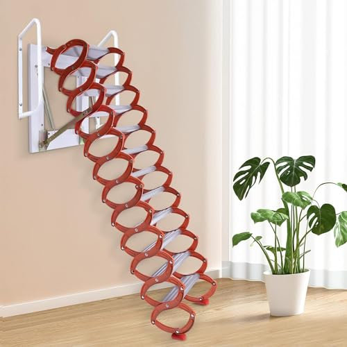WLH Alexanders Dachbodentreppe An der Wand montierte Klapptreppe, herunterziehbare Dachbodenleiter, 12 Stufen, Dachbodentreppe, klappbare Dachbodenleiter aus legiertem Stahl Lofttreppe
