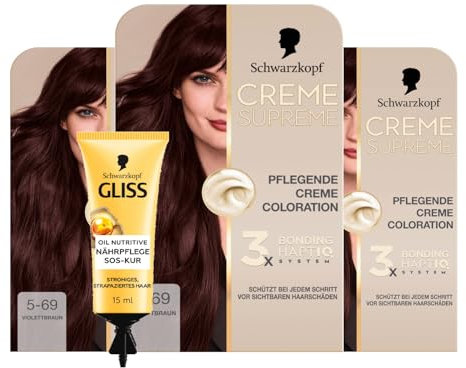 Schwarzkopf Creme Supreme Coloration 5-69 Violettbraun (3x182 ml), dauerhafte Haarfarbe & GLISS SOS-Intensiv-Kur Oil Nutritive 15ml, natürlicher Glanz und Geschmeidigkeit