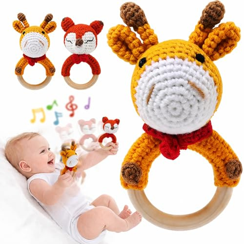 Joylife Rassel Baby aus Holz mit Beißring, handgehäkelte Reh Baby Rassel für Neugeborene, weiches Baby Spielzeug für kleine Hände, Beißring aus natürlichem Buchenholz, Geschenk zur Geburt