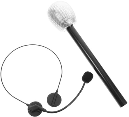 HEALSOPTHY 2 Pcs Lightweight Fake Microphone Prop with Headset for Adults Costume Party and Cosplay Accessory Versatile Concert and Stage Performance Play Microphones Black and Silver