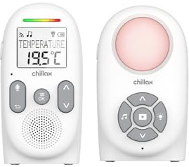 Chillax -Vigilabebés Audio CB260 - DECT- Pantalla LCD - Modo VOX y Eco - Sensor de Temperatura con Alarma - Indicador de Sonido - Alcance 340m - Luz Nocturna y 5 Nanas - Autonomía 13h - Walkie-Talkie
