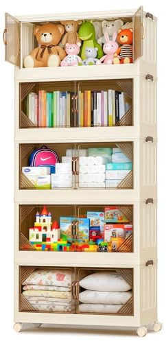 Nordswal 5 Tier Stackable Storage Boxes with Lids, Doors & Wheels, Foldable Collapsible Plastic Storage Organiser, Large Lidded Storage Bins for Home, Office, Bedroom and Closet,(182x80x38cm)