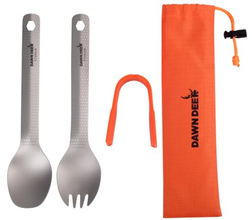 Dawn Deer 3 in1 Titanium Ultralight Cutlery Set, Long Handle Spoon and Spork, Camping Tong, Travel Utensils with Bag (16 cm)