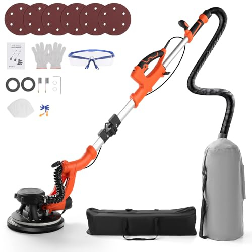 ISINEVER Trockenbauschleifer, 1800W 8A Wandschleifer Deckenschleifer mit Integriertem Staubsauger LED-Licht, 5 variablen Geschwindigkeiten von 800–2200 U/min, 6 Schleifscheiben, faltbar und ausziehbar