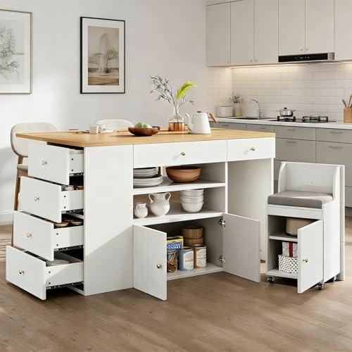 DRIXNO Kücheninsel mit Arbeitsplatte, Stabil Schrank, Barhockern mit Rollen, Küchenschrank mit 6 Schubladen und Hockern, Multifunktionsschrank mit Schublade, Verstellbar 140x40(70) x89 cm, Weiß