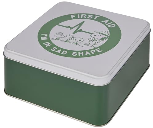 BUTLERS Medikamentenbox Aluminium - PEANUTS - Erste Hilfe | Farbe Grün - 18 x 18 x H9 cm - Snoopy Motiv - Hausapotheke für Salben & Verbände - Blechdose für Reisen