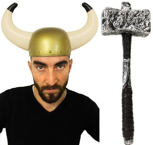Horned Viking Helmet Plus Giant Hammer - Viking Fancy Dress Costume Set Including Warhammer - Pack of 4 (Each)