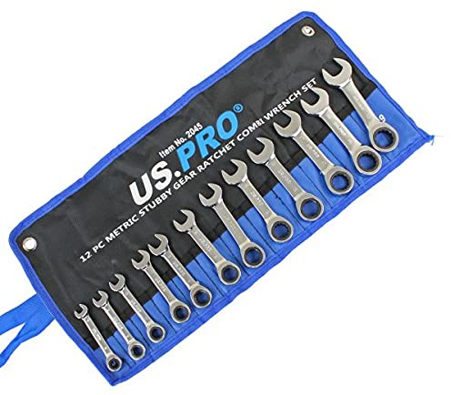 US PRO 12 Piece Metric Stubby Gear Ratchet Combination Spanner Set 8 - 19mm 2045
