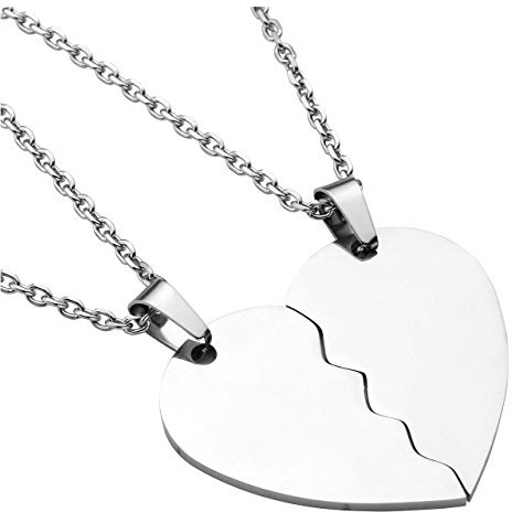 PiercingJak 2 Stücke Edelstahl 32mm Zwei halbes Herz Anhänger Halskette Freundschaftsketten Partner-Anhänger mit 24 Kette für Herren Damen, Silber