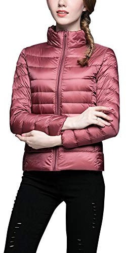 Donna Piumino Tinta Unita Manica Lunga Colletto Dritto Ultra Leggero Ripiegabile vestibilità Slim Mantieni Caldo Corto Cappotto Giacca Rosa M