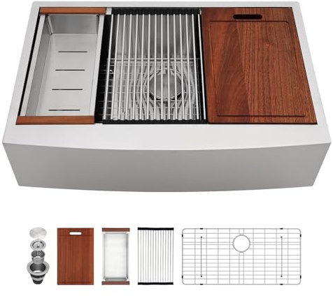 Sarlai 33 Bauernhof-Spüle, Edelstahl, 83 x 55 cm, Bauernhaus-Küchenspüle, Arbeitsplatz, Schürze vorne, Einzelschüssel, 16 Gauge, Edelstahl, Luxus-Küche, Bauernspüle, Waschbecken