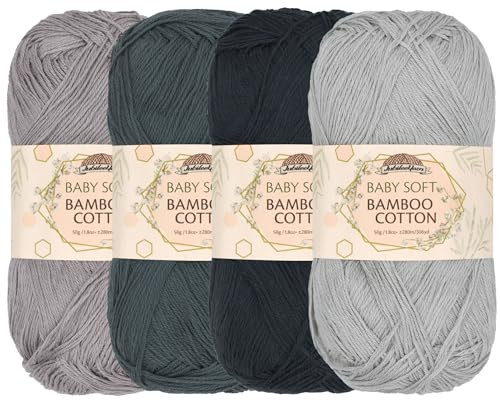 JubileeYarn Baby Soft Bamboo Cotton Yarn - 50g/Strang - Shades of Grey - 4 Knäuel