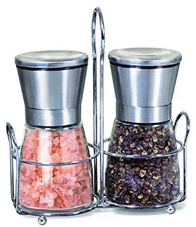 Molinillo Sal y Pimienta Conjunto de Salero y Pimentero con Soporte a Juego Ajustable de Acero Inoxidable Plateado,S