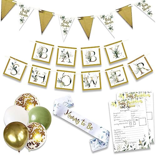 Baby Shower Unisex 24pcs Decoration Bundle Sage Green Gold - Neutral Gender Reveal Banner Garland, Bunting, Confetti, Latex Balloons And Sash For Mum To Be - Botanical Decor For Girls And Boys