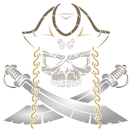Piratenschädel-Schablone, 30,48 x 31,75 cm (L) - Schablonen für Wände - Original Halloween Piraten Totenkopf und gekreuzte Knochen Design Schablone Schablone