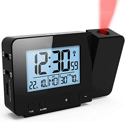 LIMEID Atomic Projection Clock with Temperature – Ceiling/Wall Projection Alarm Clock with 2 Alarms, Hygrometer and USB Port for Charging Devices (Black),Black