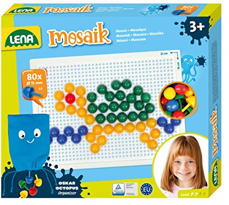 Lena 35624 - Mosaik Steckspiel Set, Steckmosaik mit 80 farbigen Stecker, Mosaikstecker Ø 15 mm, Mosaikspiel für Kinder ab 3 Jahre, Komplettset mit Steckplatte ca. 21 x 16 cm und Organizer, bunt, Mittel