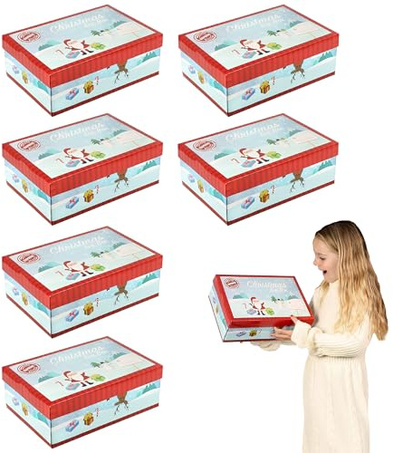 Christmas Eve Box - Pack of 6 - Festive Cardboard Present Box Featuring Santa, Presents, Snowmen And Reindeer - Holiday Season Present Gift Box