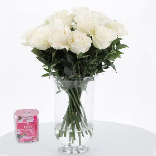 KENTIS - Bouquet 12 Rose Bianche con Candela Magnolia - Mazzo Fiori Veri e Freschi a Domicilio con Biglietto Personalizzato incluso Idea Regalo per Lei per Lui San Valentino Anniversario