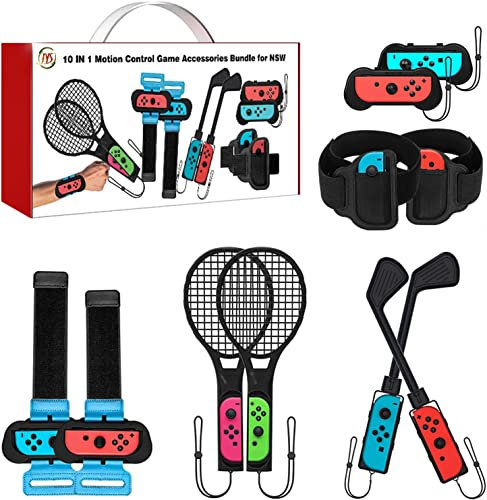 VoSinrly 2024 Switch Sport Zubehörpaket -10 in1 Familien Zubehör Kit für Nintendo Switch & OLED Spiele: Controller Griffe, Tennisschläger, Golfschläger, Hand und Beinbänder