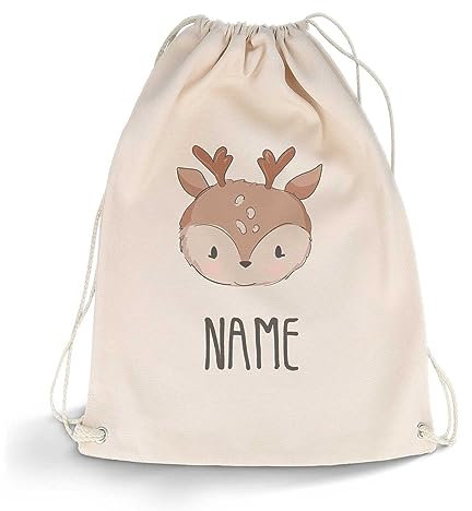 GRAVURZEILE Bedruckter Turnbeutel - Tier mit Wunschnamen - personalisiert mit Namen - Sportbeutel Rucksack Daypack Gymbag mit Kordelzug - für Sport & Freizeit - 12l 33x45 cm Farbe Reh