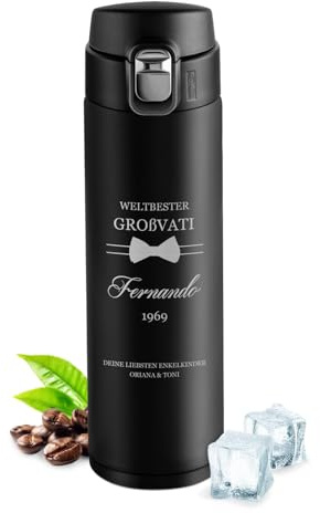 Maverton Trinkflasche mit Gravur 400 ml - Thermobecher auslaufsicher 100% dicht - Easy-Clean-Deckel - Thermoskanne aus Edelstahl - für Männer zum Geburtstag - schwarz - Fliege