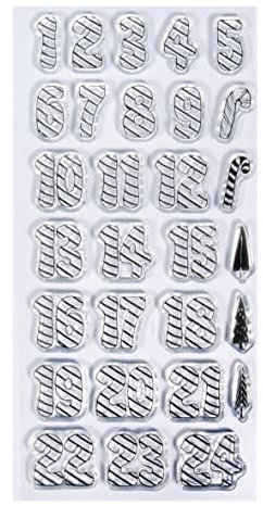 Rayher Clear Stamps Zahlen 1 – 24, Motiv Zuckerstange, Bogengröße 97 x 205 mm, 24 Zahlen und 5 Motive, klar, transparente Stempel, durchsichtig, Silikonstempel Adventskalender, 50264000