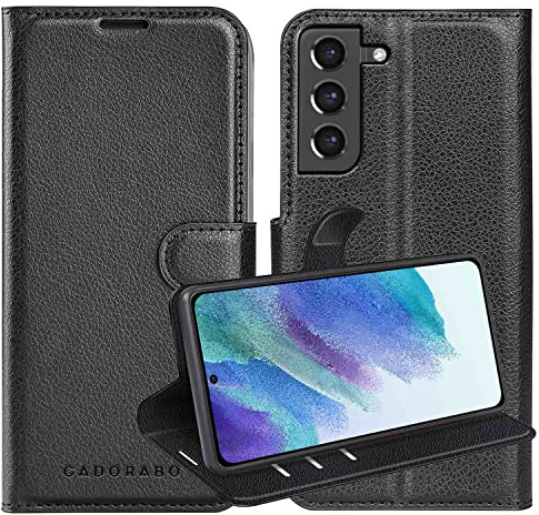 Cadorabo Hülle kompatibel mit Samsung Galaxy S21 FE in Phantom SCHWARZ - Schutzhülle mit Magnetverschluss, Standfunktion und Kartenfach