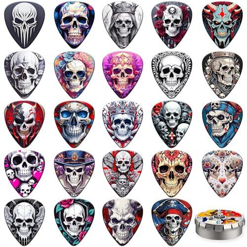 Plektron Gitarre, 24 Stück Schädel Plektrum 0.46/0.71/0.96/1.20mm Gitarren Plektrum 4 Verschiedene Dicke Guitar Picks,Plektrum Akustikgitarre, E Gitarre, Bass(Mix-8)