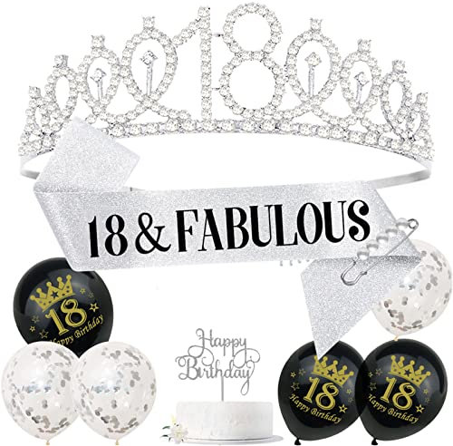 Luftballons Tortendeko Krone 18 Geburtstag Mädchen Schärpe Set, Geburtstagskrone 18 Geburtstag Deko,Schärpe Geburtstag 18 Silber,Geschenke zum 18 Geburtstag Mädchen,Tiara Scherpe Jungesellinenabschied