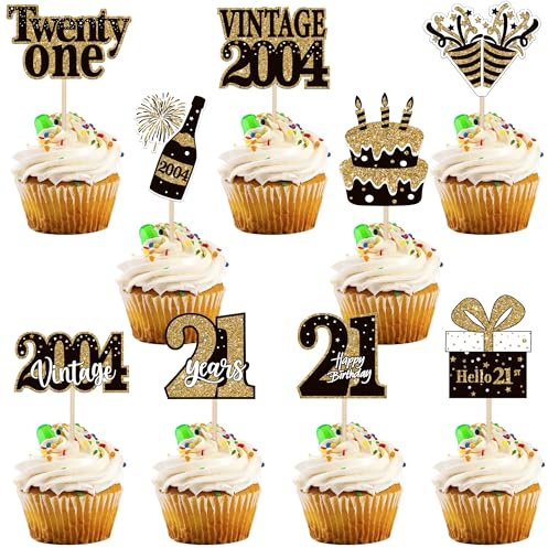 36 Stück 21 Geburtstag Tortendeko Vintage 2004 Cupcake Toppers Twenty-one Happy Birthday Kuchen Deko 21&Fabulous Cupcake Dekorationen für 21 Geburtstag Jubiläums Party Kuchen Dekorationen