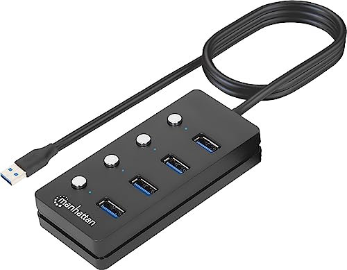 Manhattan 4 Port USB 3.0 & 3.2 Gen 1 Splitter Hub – mit langem 1,5 m Kabel, 5 Gbit/s Datenübertragung, individueller Port Ein- und Aus-Schalter – kompatibel mit PC, Laptop, MacBook, Flash-Laufwerk – 3