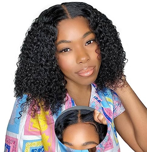 Echthaar Perücke Glueless Pre-Cut Lace Curly Bob Human Hair Wig 200% Dichte Afro Perücke Damen Kurz 4x4 Lace Front Wig Perücke Bob Locken 10 Zoll