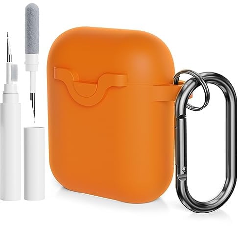 AOTUAO Compatible with AirPods 2&1 Case Cover with Cleaner Kit, Shock-Resistant Protective Silicone Case Cover for AirPods 2nd & 1st Generation With Snap Switch and Carabiner, Orange