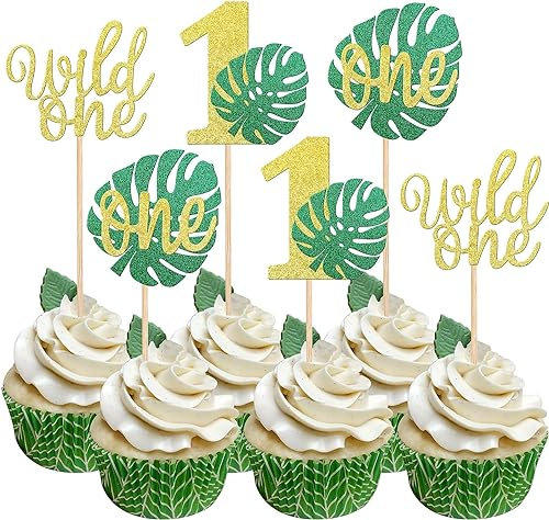 ERBO Wild One Cake Topper, 12 Stück Tortendeko für den 1. Geburtstag, Tropische Schildkrötenblätter Cupcake Topper, Wild One Geburtstag Deko, Kuchendeko für Kindergeburtstag & Babyparty